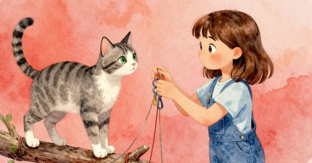 妮娜精心掛上鑰匙圈分隔線條，旁邊條紋貓好奇觀看，場景洋溢著喜悅與豁然舒緩的氣氛