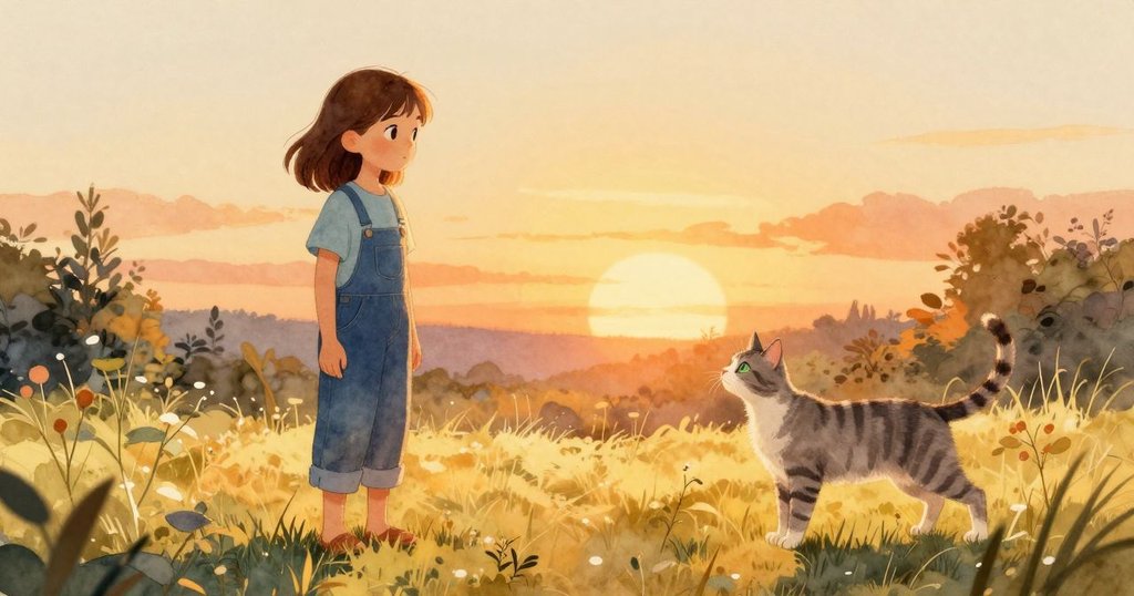 夕陽餘暉中，妮娜靜靜凝望和諧枝條，條紋貓在溫暖花園中伸展，呈現寧靜豐收的結局