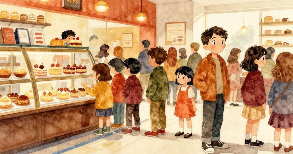 Max站在擁擠麵包店中，踏著藍灰色箭頭，臉上流露出好奇，背景展現霧氣與溫暖燈光，故事剛展開。