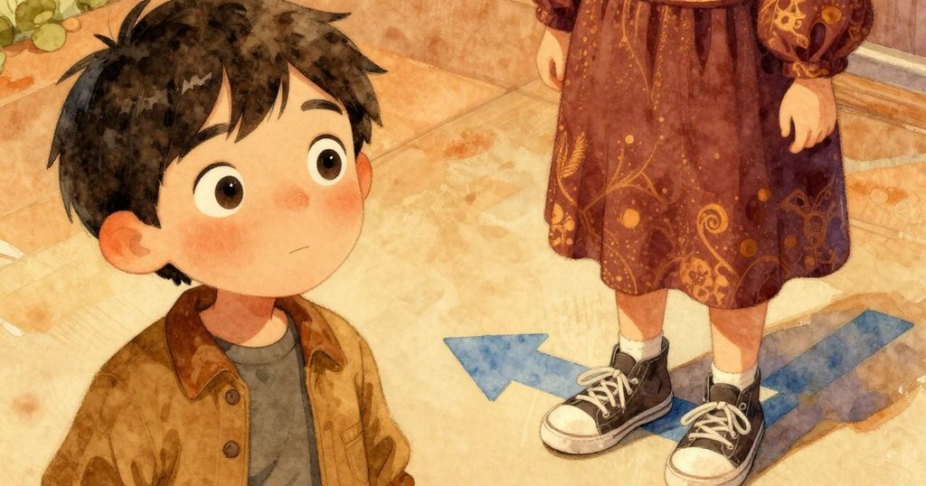 Max的鞋子特寫，運動鞋踩在藍灰箭頭上的地面，畫面細膩呈現腳步前行的動感，展現旅程開始。