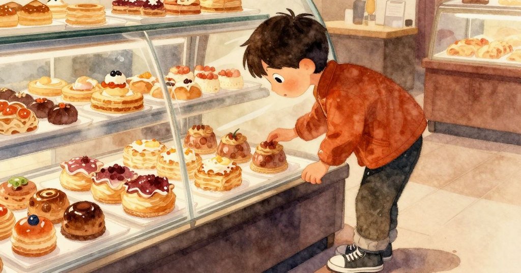 Max側後鏡頭特寫，彎身觀察充滿霧氣的玻璃櫃台與糕點，神情專注，室內溫暖光線細膩襯托出故事發展。