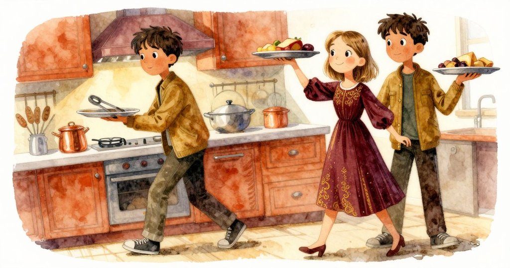 糕點廚房中，員工迅速操作托盤，透過傾斜視角展現出超現實結構，畫面動感十足，節奏鮮明。