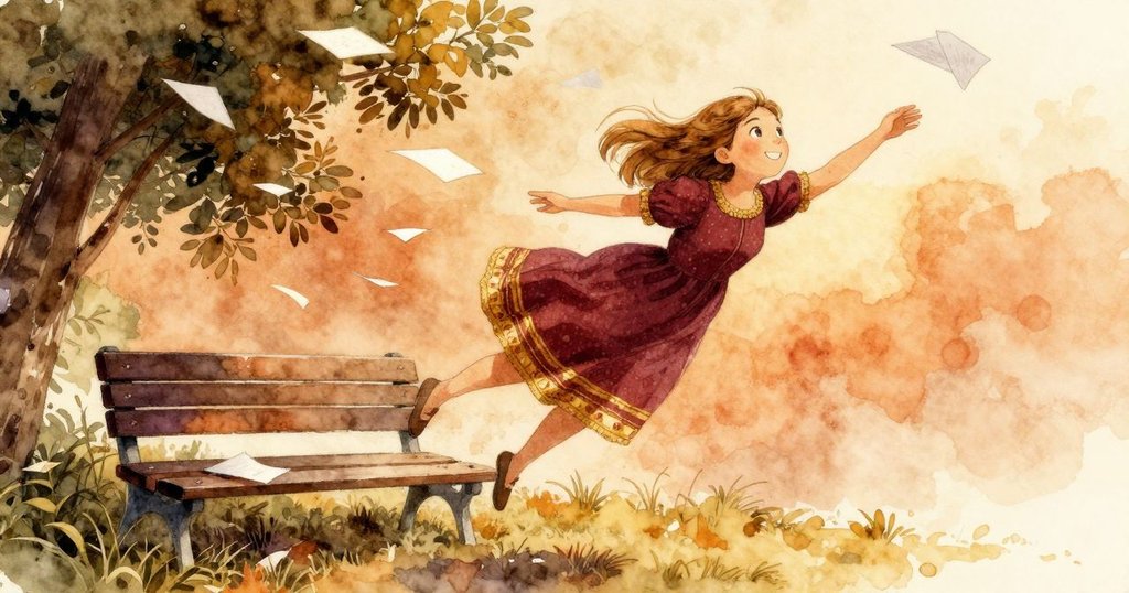 在店外入口處，門大開帶來陣陣微風，Gwen在長椅上歡笑著接住飄飛的紙條，動作生動展現情節轉折。