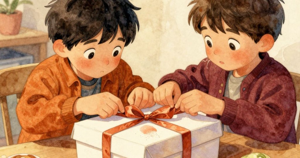 回到室內，Max仔細地將緞帶打成蝴蝶結，指尖輕觸帶有指紋的盒蓋，展現出溫馨且持續發展的情節。