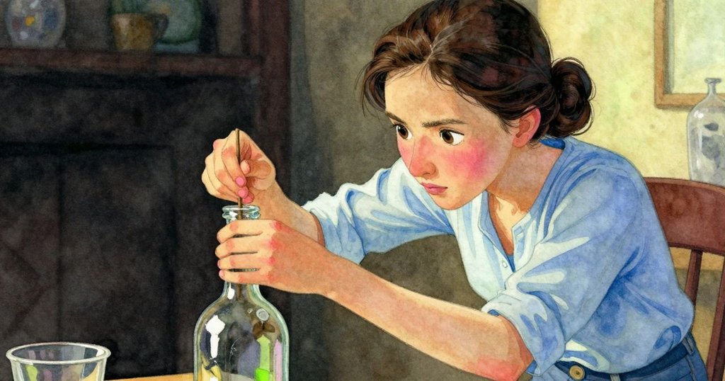 Vita專注調整沙瓶，面部特寫展現堅毅神情，手勢細膩，情境充滿溫暖與專注。