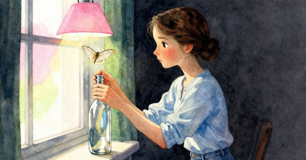 透過大窗觀察Vita操作沙瓶，燈罩上微蛾輕舞，光影交錯營造神秘室內氛圍，情節逐步推進。