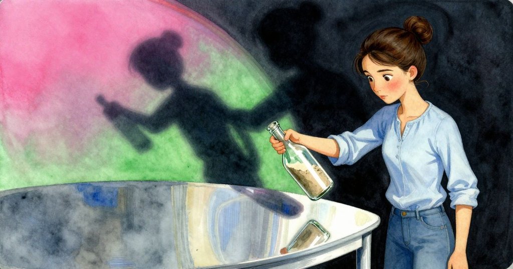 Vita與傾斜沙瓶置於奇幻扭曲空間中，抽象桌邊與長影相融合，創造出神秘且不可思議的視覺效果。