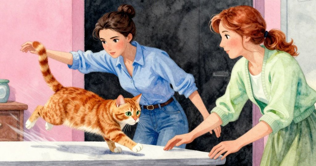 貓咪躍起掀動桌上沙盤，Vita迅速攔阻跌落，June在後輕語安慰，情節動感激烈。