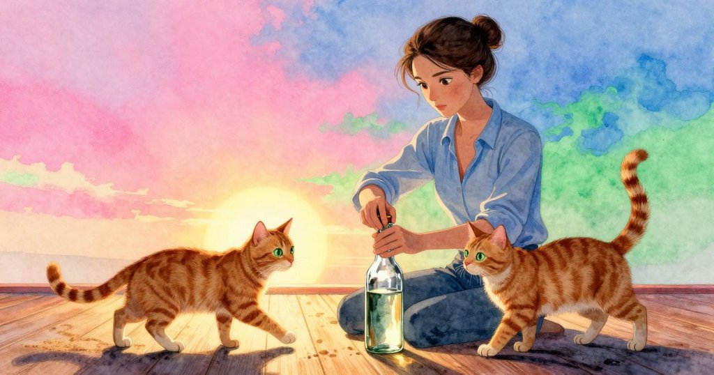 黃昏溫暖中Vita緩緩塞瓶，貓咪注視沙粒微流，環境柔和悠然，情節迎來平靜結局。