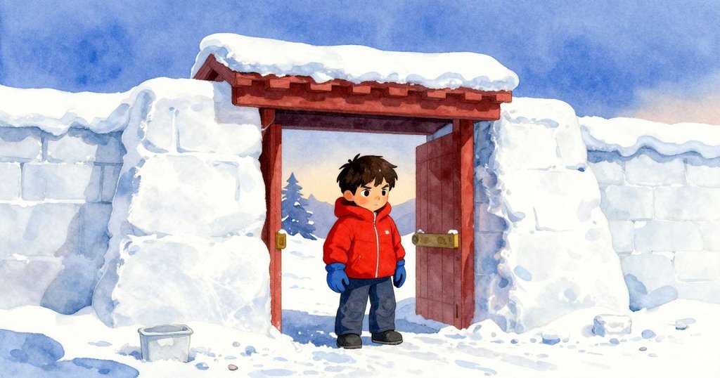 約克在清晨雪地中準備模具,表情堅定,背景出現堅固堡壘的入口和被壓平的雪徑