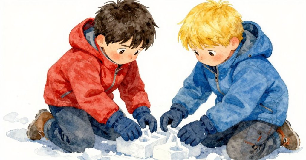 約克的手緊握模具製作雪磚,藍灰色地面散落雪屑,展現過程細節與雪的質感