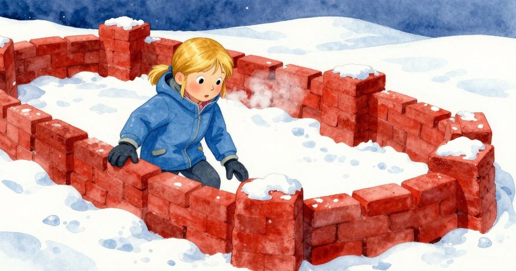 莉娜在堡壘彎曲處砌磚,呼出的蒸氣在冷空氣中可見,表情專注,背景呈現堅實冰雪結構