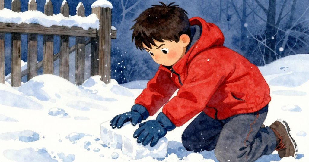 約克在圍欄邊採集濕雪製磚,水珠閃亮,肌肉緊繃展現決心,場景充滿動感與寒冷氛圍