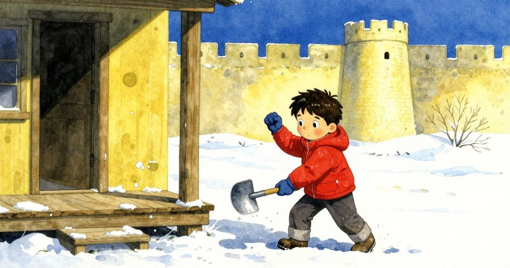 約克在門廊舀取水,水珠瞬間凍結成冰,動作果斷,連接雪磚牆體,展示決心與精確性