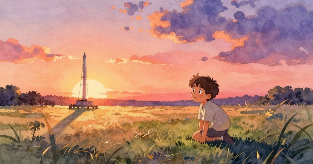 瑞斯蹲在陽光普照的草地上仔細觀察螺旋痕跡，環境明亮溫暖，展現探索開始的情節發展。