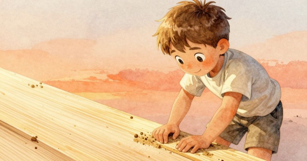 瑞斯正用砂紙細心打磨溫暖金色木條，畫面特寫呈現木材質感與工作專注神情。