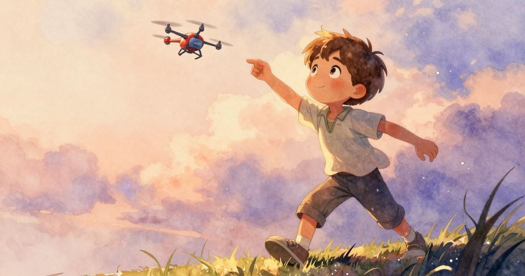 低角度畫面中，竹製飛行器從露珠閃耀的草叢間升起，空中洋溢著動感與期待。