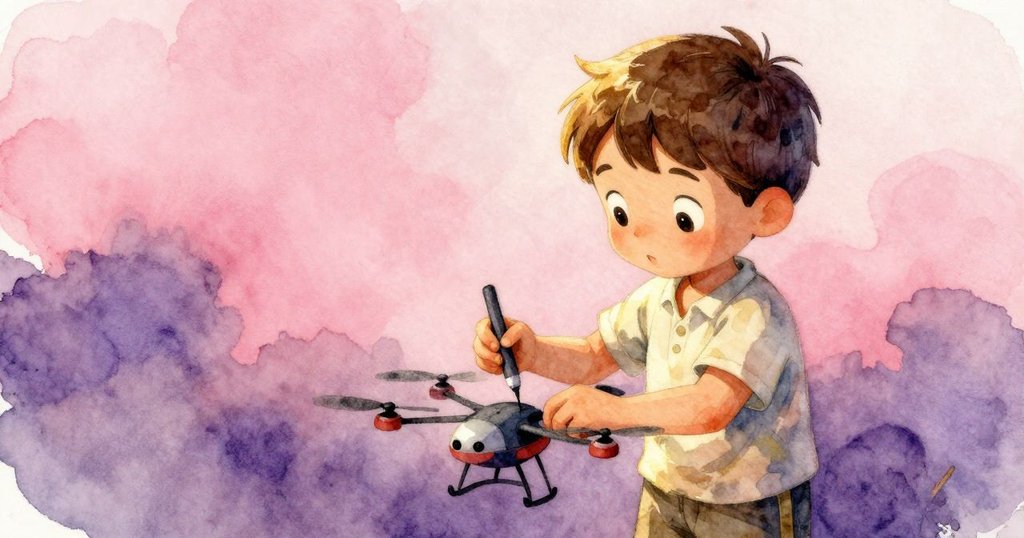 瑞斯在戶外仔細調整飛行器，使用炭筆標記和綁上棉線，臉上寫滿認真與思索，展現關鍵抉擇。