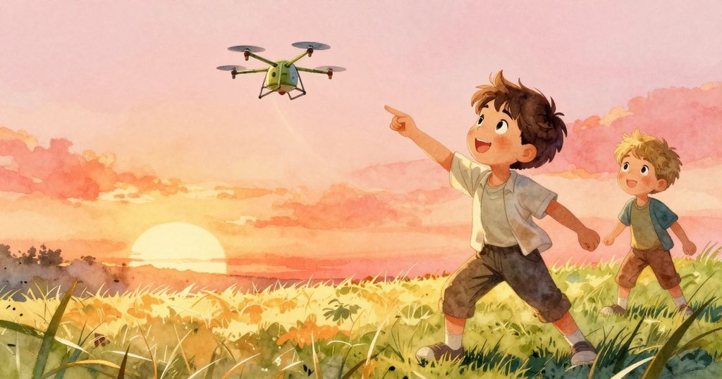 瑞斯和希亞站在綠茵場上望著成功飛行的竹製飛行器，場景充滿溫暖光輝與希望，象徵努力收穫成果。