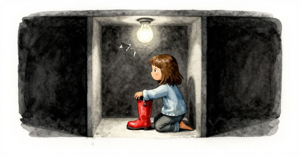 凱雅走向店內格子牆，鞋子部分卡在狹縫中，明亮燈光形成剪影與深邃陰影