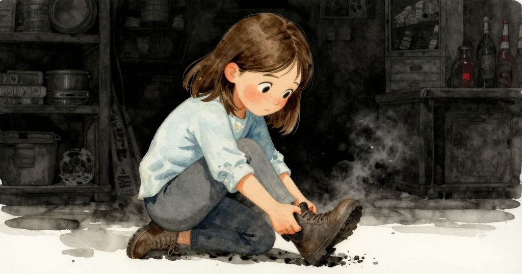 凱雅特寫面部表情，專注拉鞋，鼻子微感染料刺痛，背景隱約顯示彎曲貨票