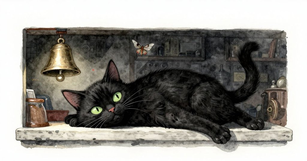 店內櫃台下，黑貓被鈴聲驚醒，從低角度捕捉蝴蝶般蛾子飛向明亮空氣