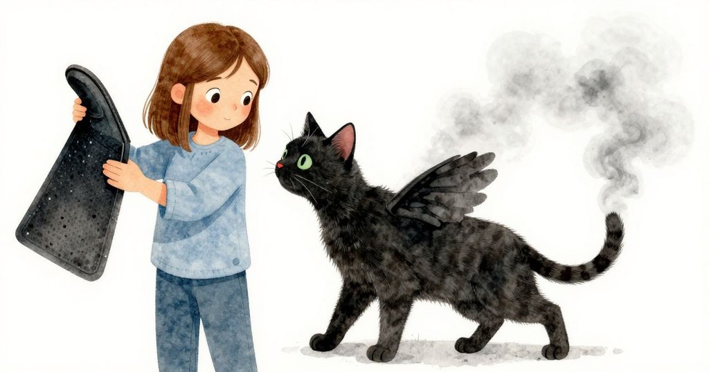 凱雅勝利地握住解放的鞋子，黑貓輕觸彎曲橡膠墊，共享這充滿釋放與喜悅的時刻