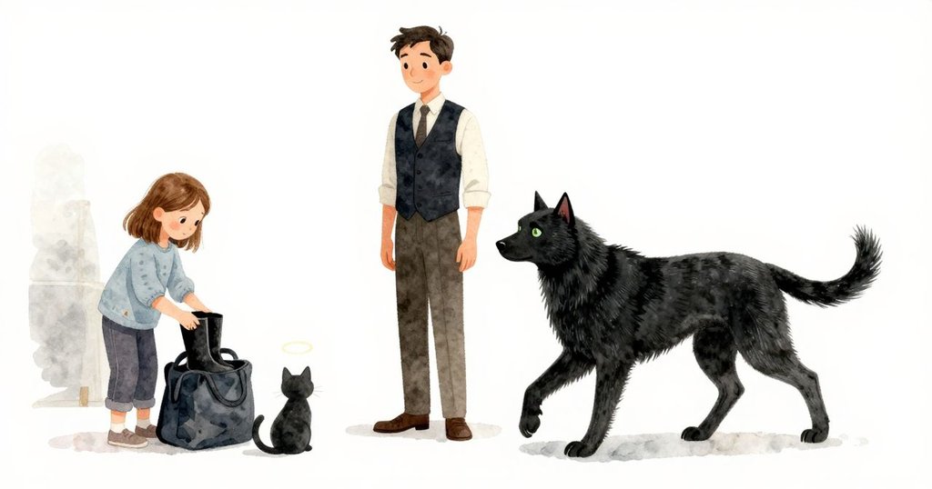 店內全景，凱雅將鞋子放入布袋，伊德里斯與黑貓靜靜觀望，昏暗燈光與褪色價牌訴說著一天的結束