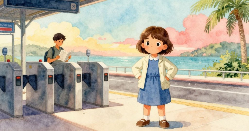 莉莉與家長站在半開的轉閘前，背景中展示發光時刻表與銅色山羊像，陽光斜射，充滿期待與柔和光暈。