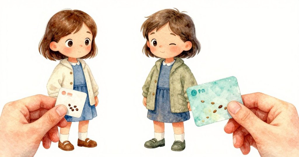 莉莉的手近距離展示握著旅行卡和葵花籽，專注於操作閃爍讀卡器，細膩光影突顯專心情緒。