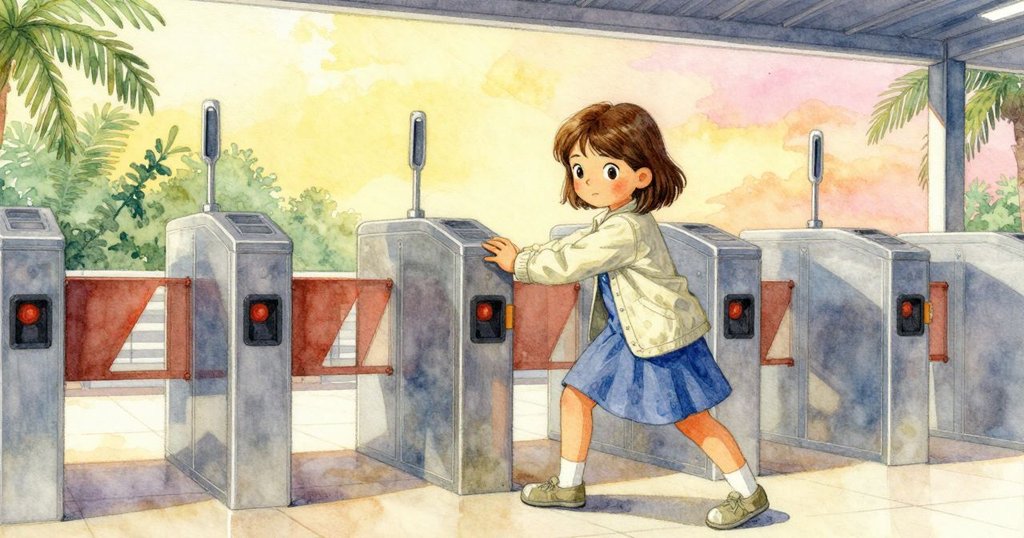 低角度畫面中莉莉正用膝蓋推動頑固轉閘，表情堅定，背景中家長滿含關切與鼓勵。