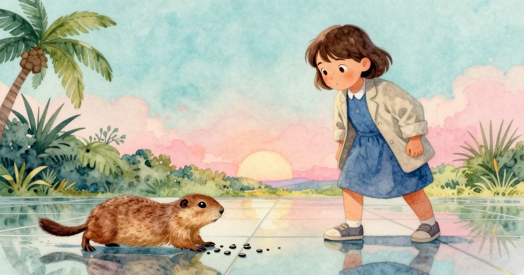 透過反光地磚呈現出葵花籽滑動的夢幻視角，棕色地鼠追逐間展現如水般柔和光影。