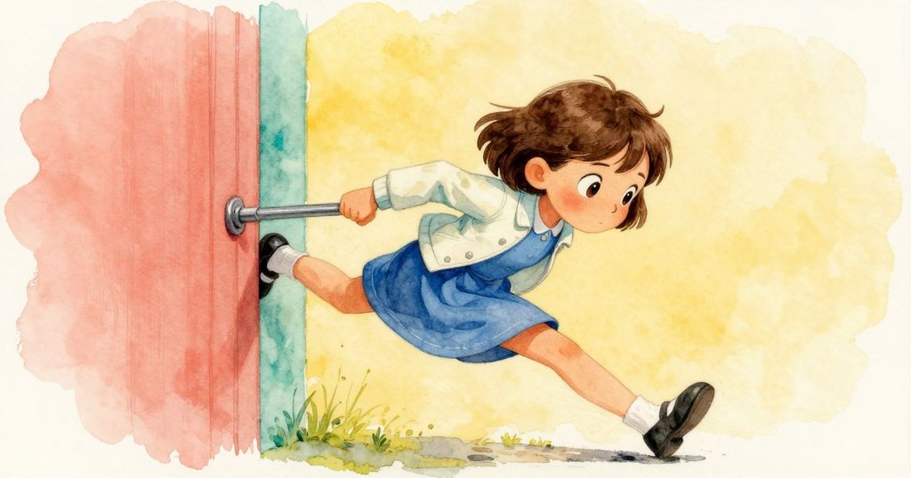 定格瞬間中莉莉正從狹縫中穿過，金屬輕觸衣袖，銅色像上的細節與種子突顯緊張又精確的畫面。