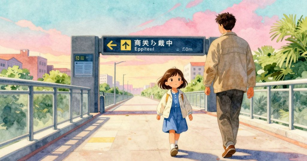 莉莉與家長向著顯示新站台資訊的出發屏前行，背景中都市天際線和步橋展現明亮陽光，敘事持續延伸。