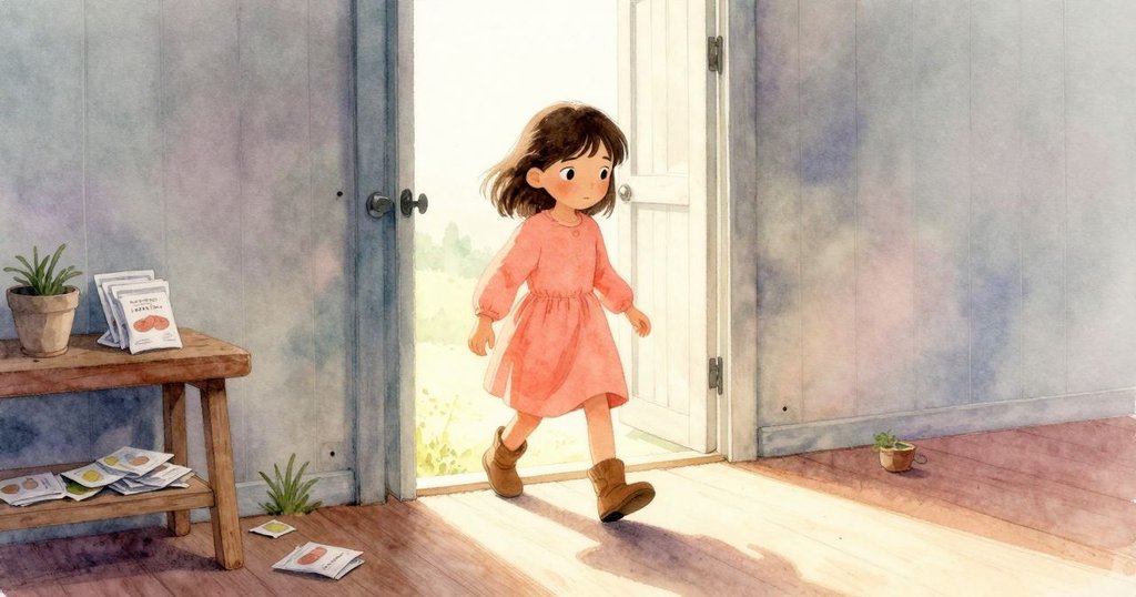 薇薇安走進半開的舊工作棚，光線斜射進屋內，桌上散落種子包，營造出神秘且引人入勝的氛圍。