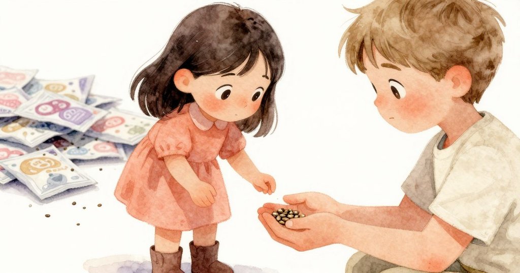 薇薇安的手輕輕捧起一粒閃爍的種子，背景中隱約可見木桌與散落的種子包，充滿溫暖細節感。