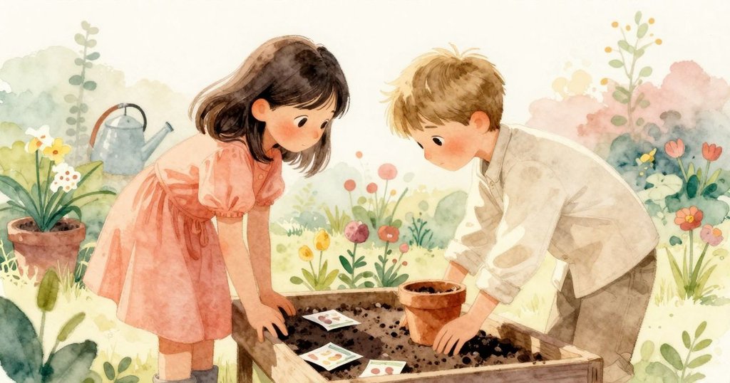 薇薇安靠近工作台，仔細察看木紋中的隱藏種子，背景中艾邁正灑水於花園，畫面層次豐富且充滿溫暖早晨光影。