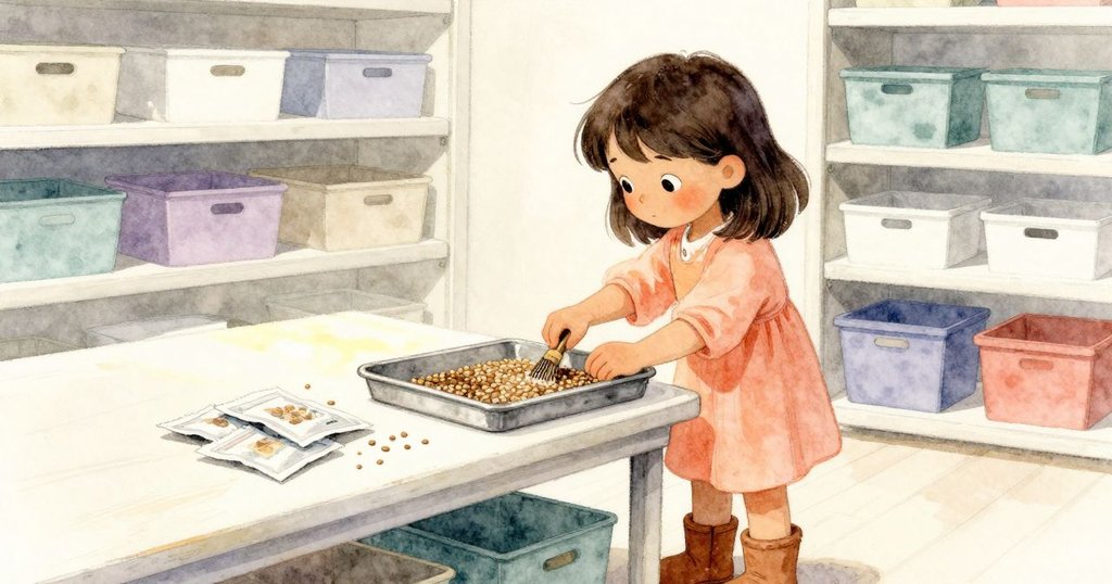 薇薇安在工作棚內一處溫馨角落裡，細心將散落的種子掃進金屬托盤，旁邊明亮塑膠注射器閃爍著光芒，專注而沉靜。