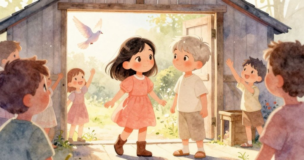 薇薇安與艾邁在明亮的工作棚門口共享喜悅，頭頂鴿子飛翔，畫面洋溢著成功整理之後的溫馨與希望。