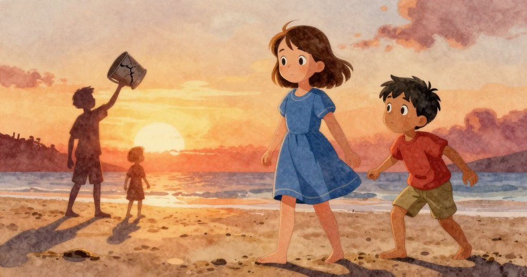 艾莉絲在海灘上舉起破裂的水桶,與觀望的男孩形成剪影,背景中有城堡與護城河輪廓,充滿開始的希望與活力