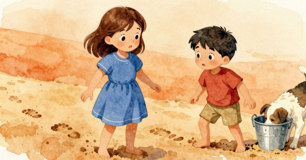 沙灘上清晰的腳印和小狗嗅探滴水桶附近的水溝,細膩描繪出故事進程與環境細節