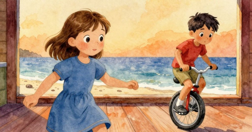 海邊單輪車男孩與調整望遠鏡的修理者在木板道上活動,透過窗框般視角展現海邊生活,情景生動