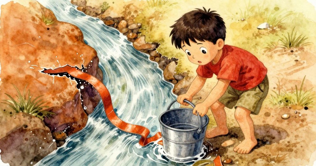 男孩仔細觀察破裂桶上細流形成的精準水帶,幾何感設計在護城河中展現出創意與細膩觀察