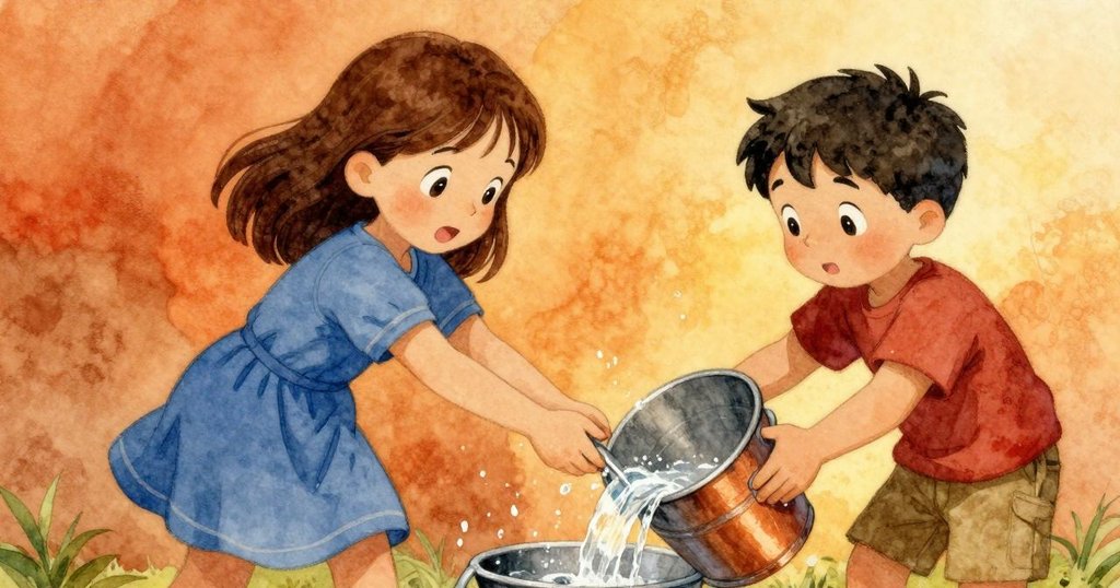 兩孩合作從水站裝滿桶子並傾倒精確引水,水流重塑護城河,旁邊的貝殼坡道閃耀,結局充滿團結與希望