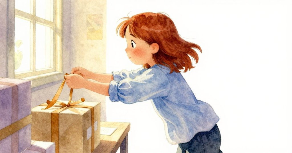 伊芙在包裝站伸手接觸懸掛的琥珀絲帶, 窗外陽光灑落, 表情專注, 初始情節展開