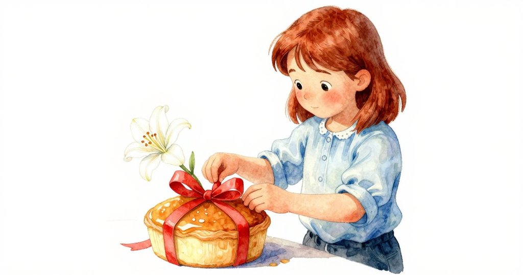 伊芙細心調整絲帶包裹著金色糕點盒, 展現焦糖光澤與精緻糖百合, 表情專注, 情節逐步展開