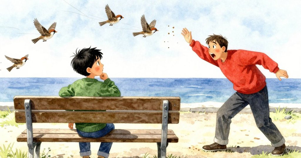 歐倫驚慌甩落餅屑, 戶外長椅上雀鳥飛起形成軌跡, 動態場景展現緊急氣氛, 故事進入轉折點