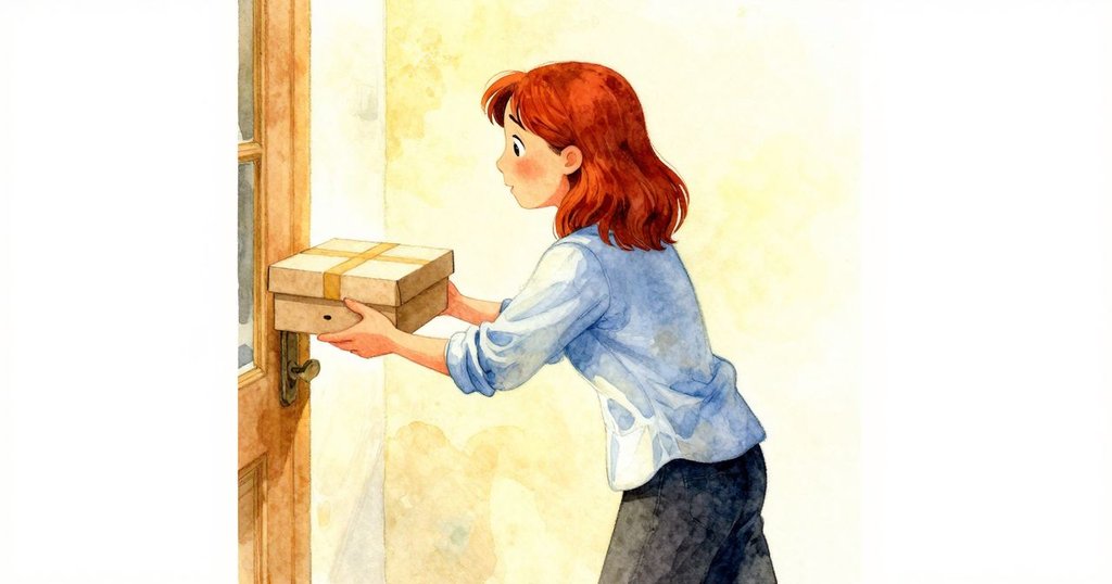 伊芙緊握糕點盒向門口揮手告別, 表情溫暖安心, 展現故事結尾的柔情與平靜, 結局情節收束