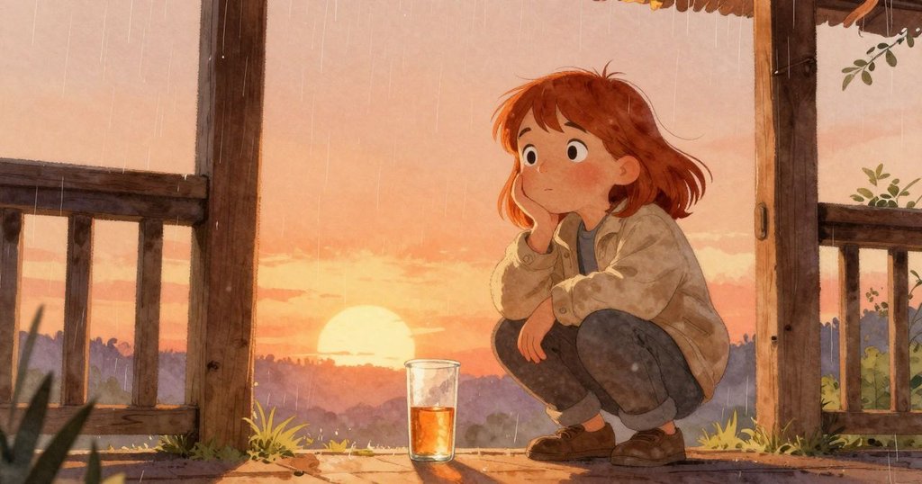 萊恩蹲在木柱旁，觀察顫動的玻璃圓柱，溫暖黃燈照耀下雨後靜謐的門廊場景