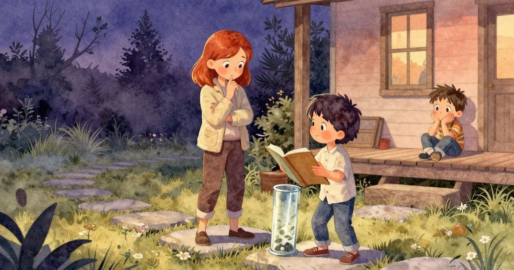 萊恩沿著石階慢行，專注讀取傾斜玻璃管刻痕，菲力斯在門廊背後點頭致意，呈現溫暖黃昏景致